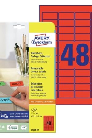 ETIKETE ZWECKFORM L6038 45,7X21,2mm 1/20 RDEČA BARVA